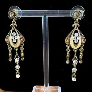 Chandelier cream color enamel clear & amber rhinestones set in antique brass